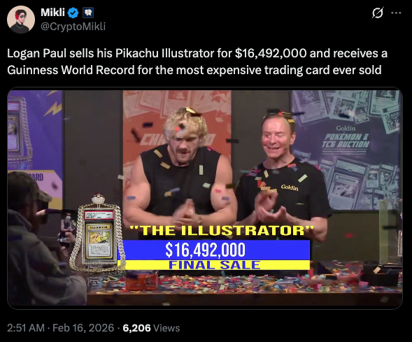 Screenshot of a viral headline about Logan Paul selling a Pikachu Illustrator card for more than $16M.